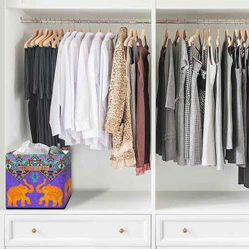 Miniatura 6 de Cesta de almacenamiento plegable de tela con diseño vintage de dos elefantes, 13 x 13 x 13 pulgadas, cubos cuadrados con asas para el hogar, sala de