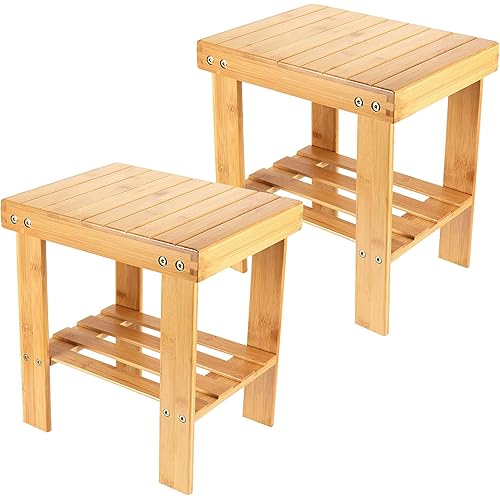 PINGEUI 2 Packs 13 Inches Bamboo Step Stool, Non-Slip Bamboo Small Seat Stool, Durable Bamboo Footrest Bench with Storage Shelf for Bathroom, Bedroom, Kitchen