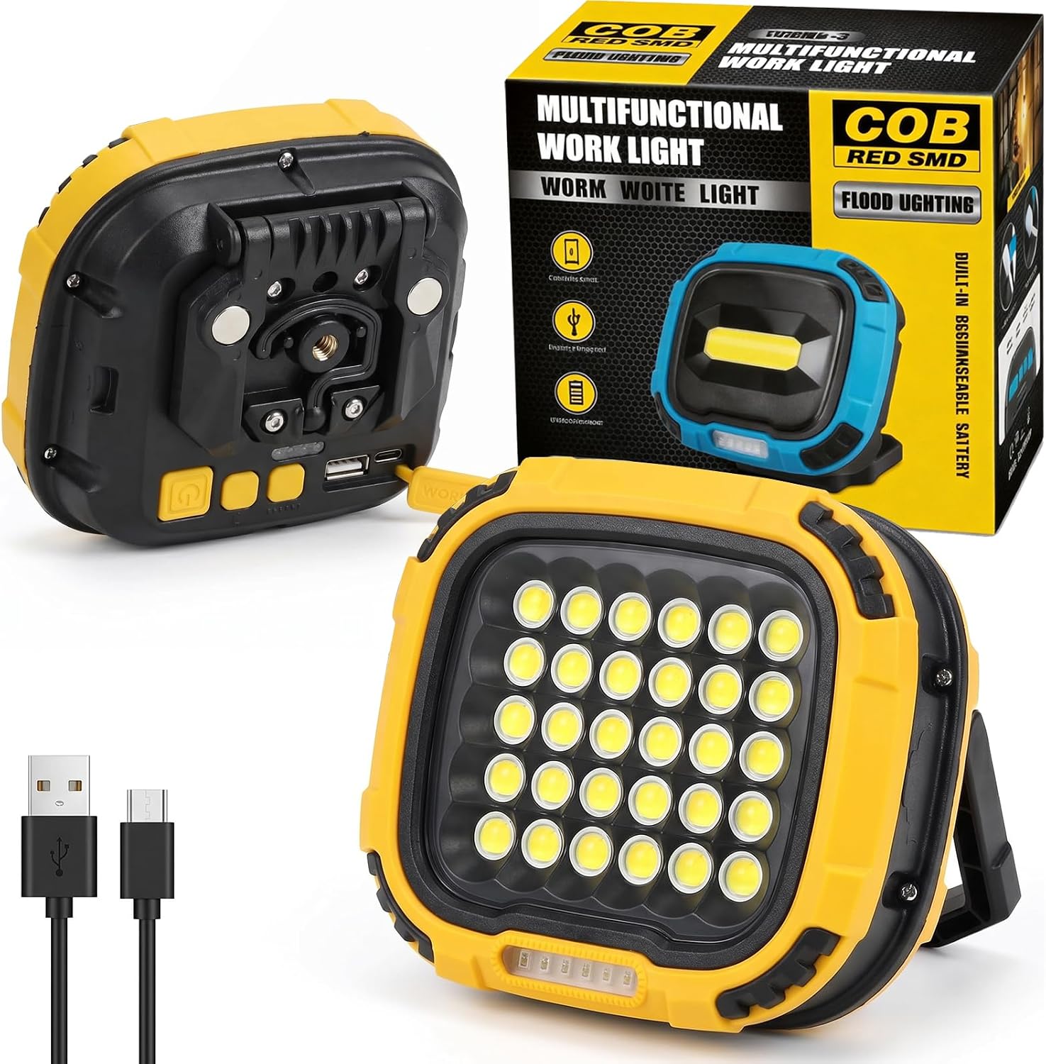 4000mAh Portable Rechargeable LED Work Light, Magnetic Dual-Sided Work Light, Up to 80H Runtime, Stepless Dimming, 3 Color Temperatures, 180° Rotating Stand & Hook for Garage & Auto Repair