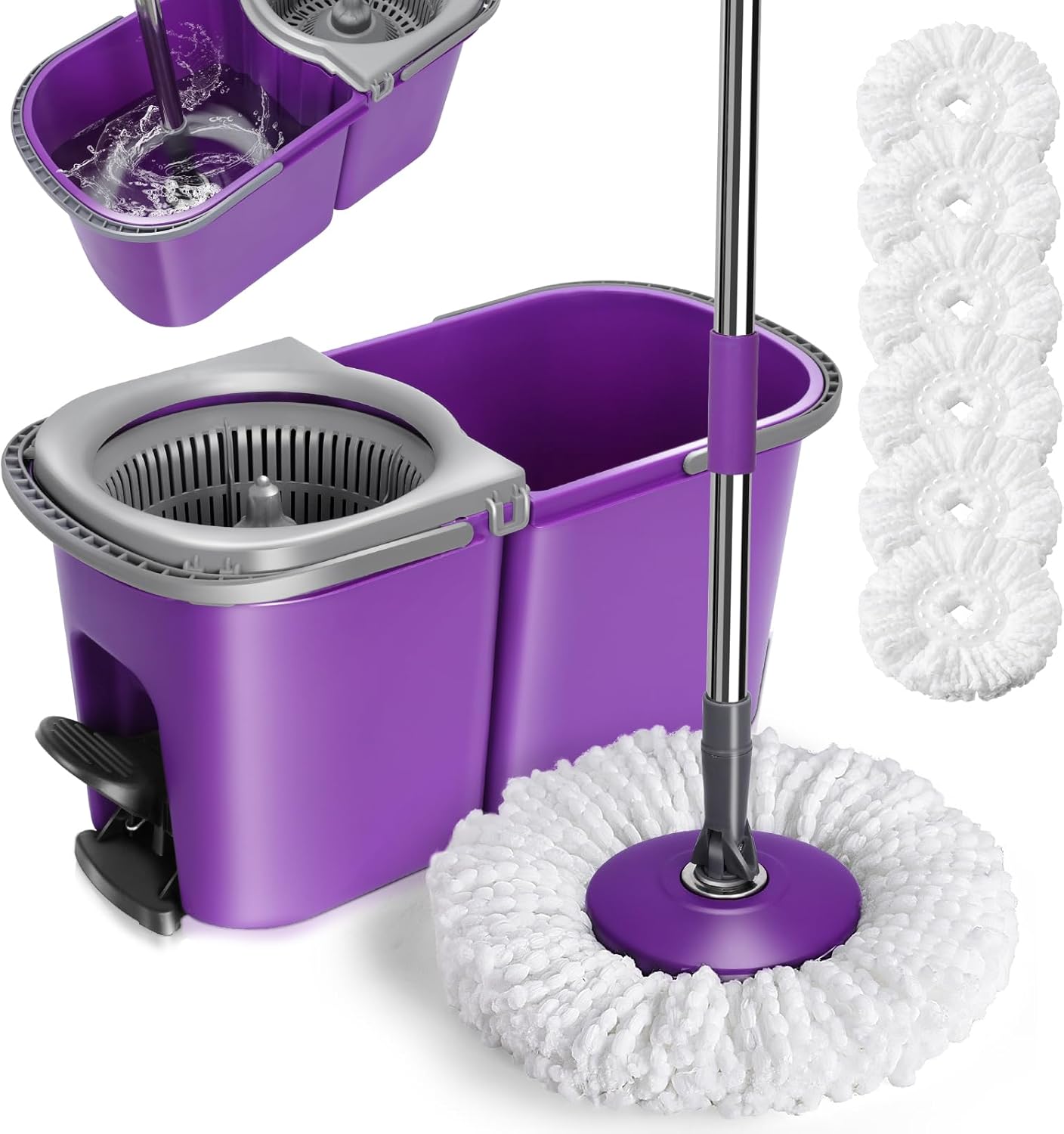 Masthome Spin Mop and Bucket Sets,Floor Mop and Bucket with Wringer,360° Spinning Microfibre Mop with Stainless Steel Handle,Flat Mop with 3 Reusable Mop Heads for Hardwood Tiles Laminate Vinyl