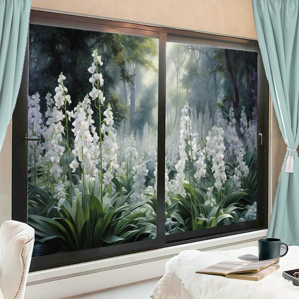 Sunshine Forest witrażowa folia okienna, biała, kwiatowa folia maskująca do szklanych drzwi i okien, nieprzylepna, dekoracyjna, 90 x 140 cm (2 sztuki)