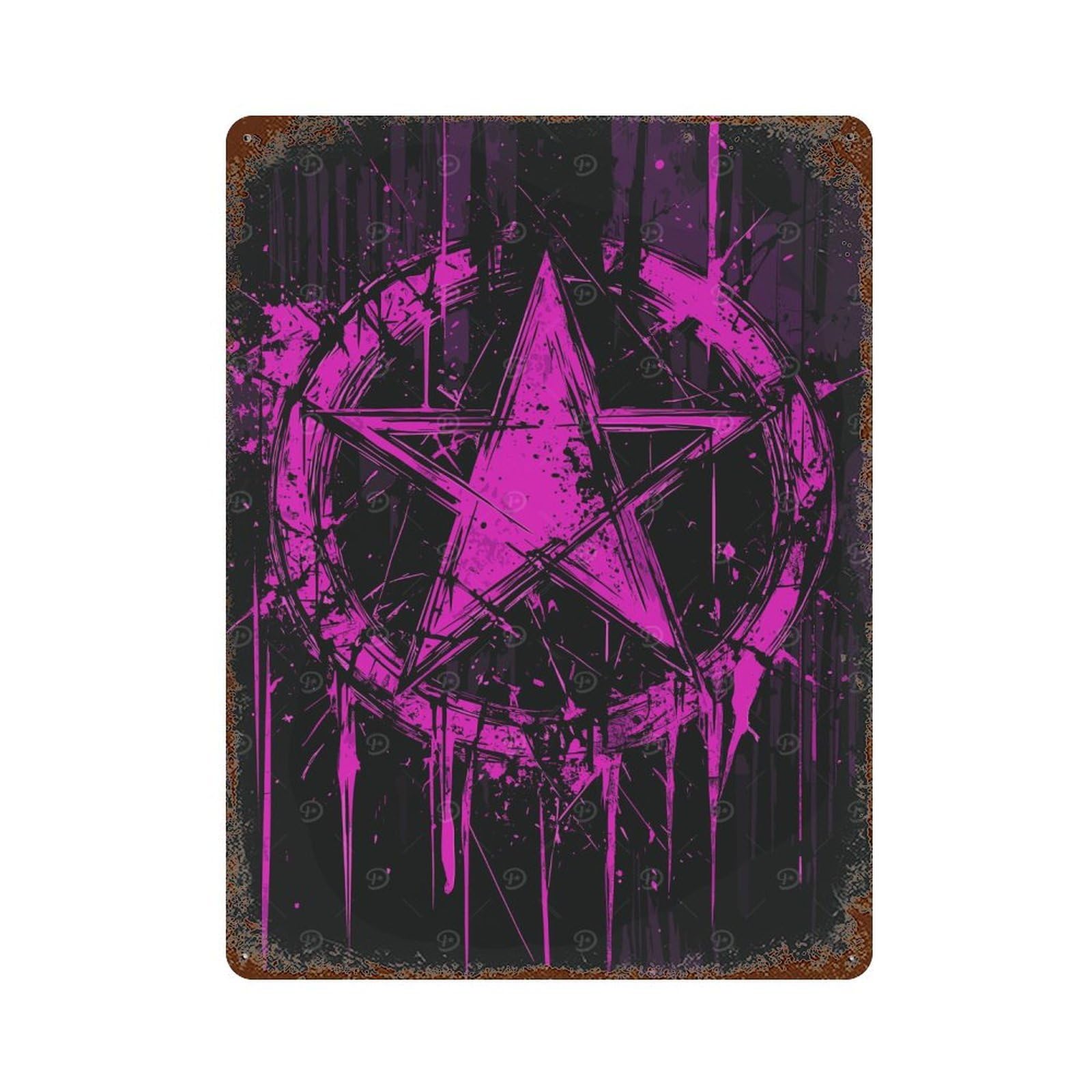 Distressed Metal Wall Sign with Gothcore Pentagram Splashes Design 15.7"x11.8", for Office, Studio And Wall Decor, Industrial Home Decor