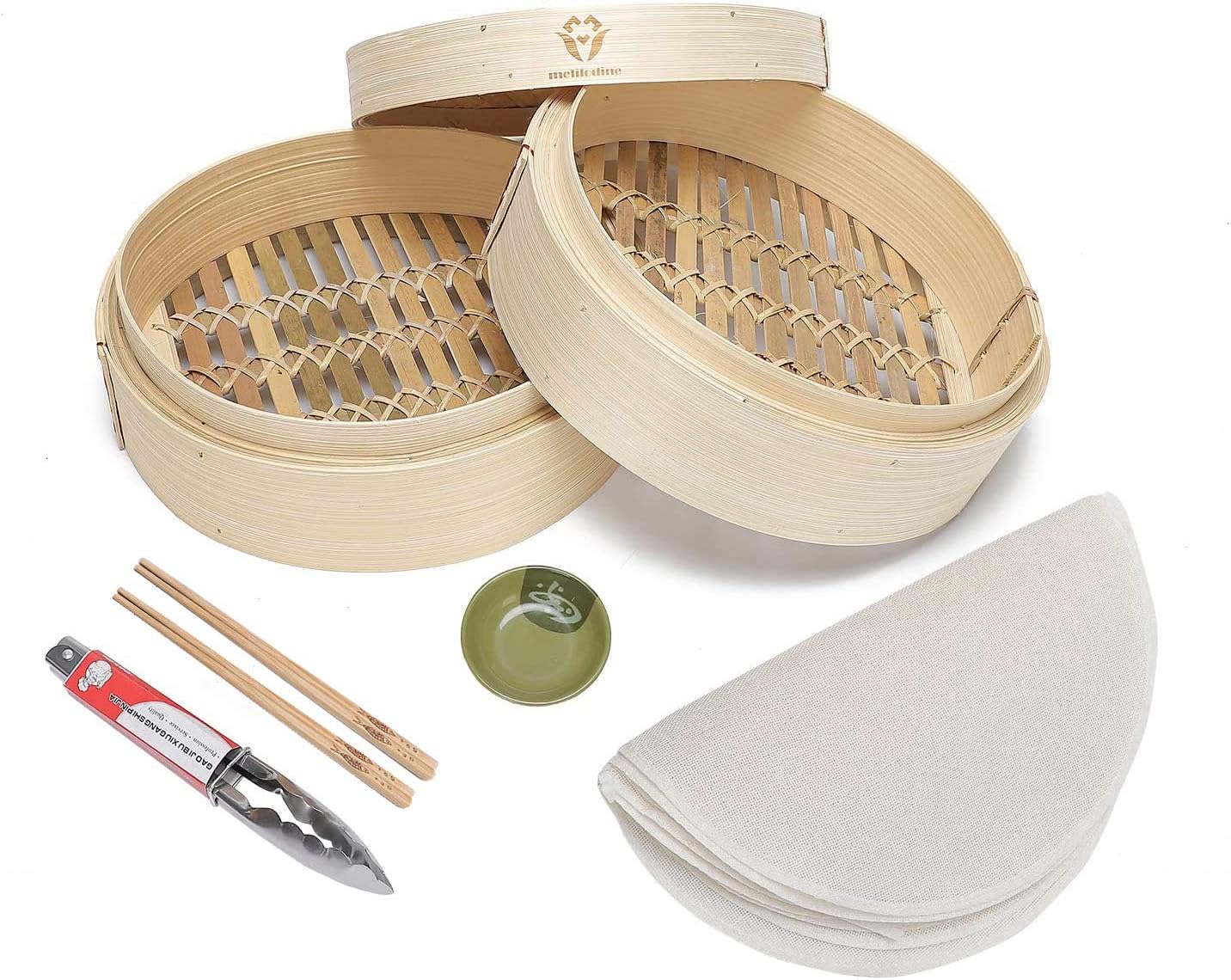 Melilodine 10 Inch hand made bamboo steamer,dumpling steamer.twotier