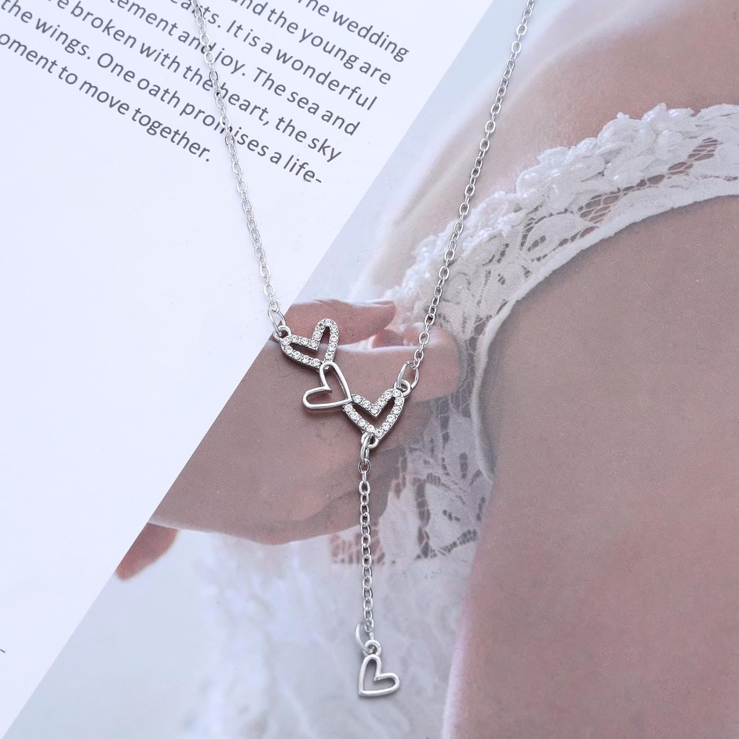 Bohemian Crystal Heart Y Lariat Necklace Silver Hollow Heart Choker Necklace Cz Heart Y Shape Necklace Minimalist Heart Chain Necklace Jewelry for Women - Image 6
