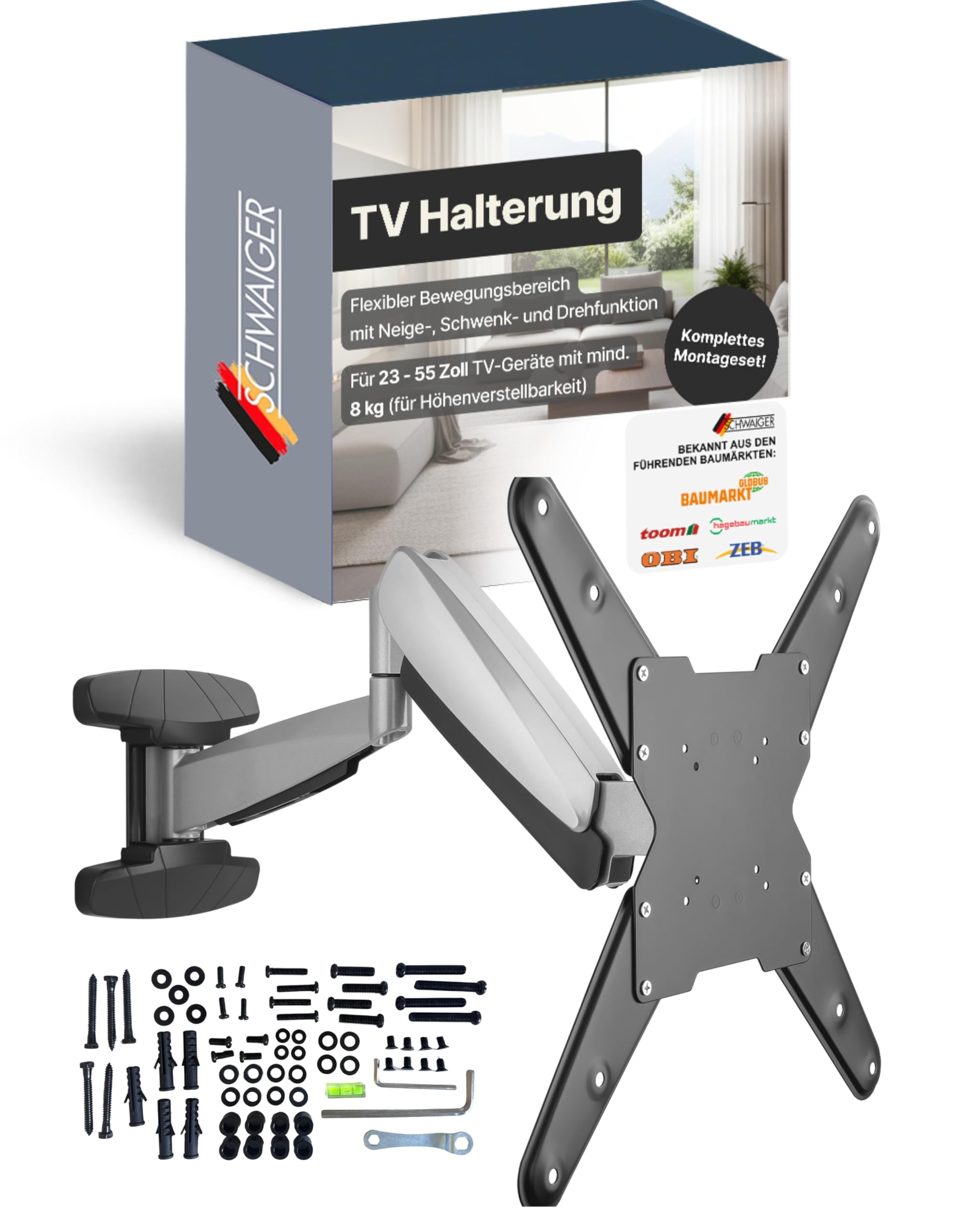 SCHWAIGER TV-Wandhalter Full Motion 1 I 23-55 Zoll Fernseherhalterung I neigbar, schwenkbar, drehbar & höhenverstellbar I Montageset für Flachbildschirme I TV-Halterung mit integrierter Kabelführung