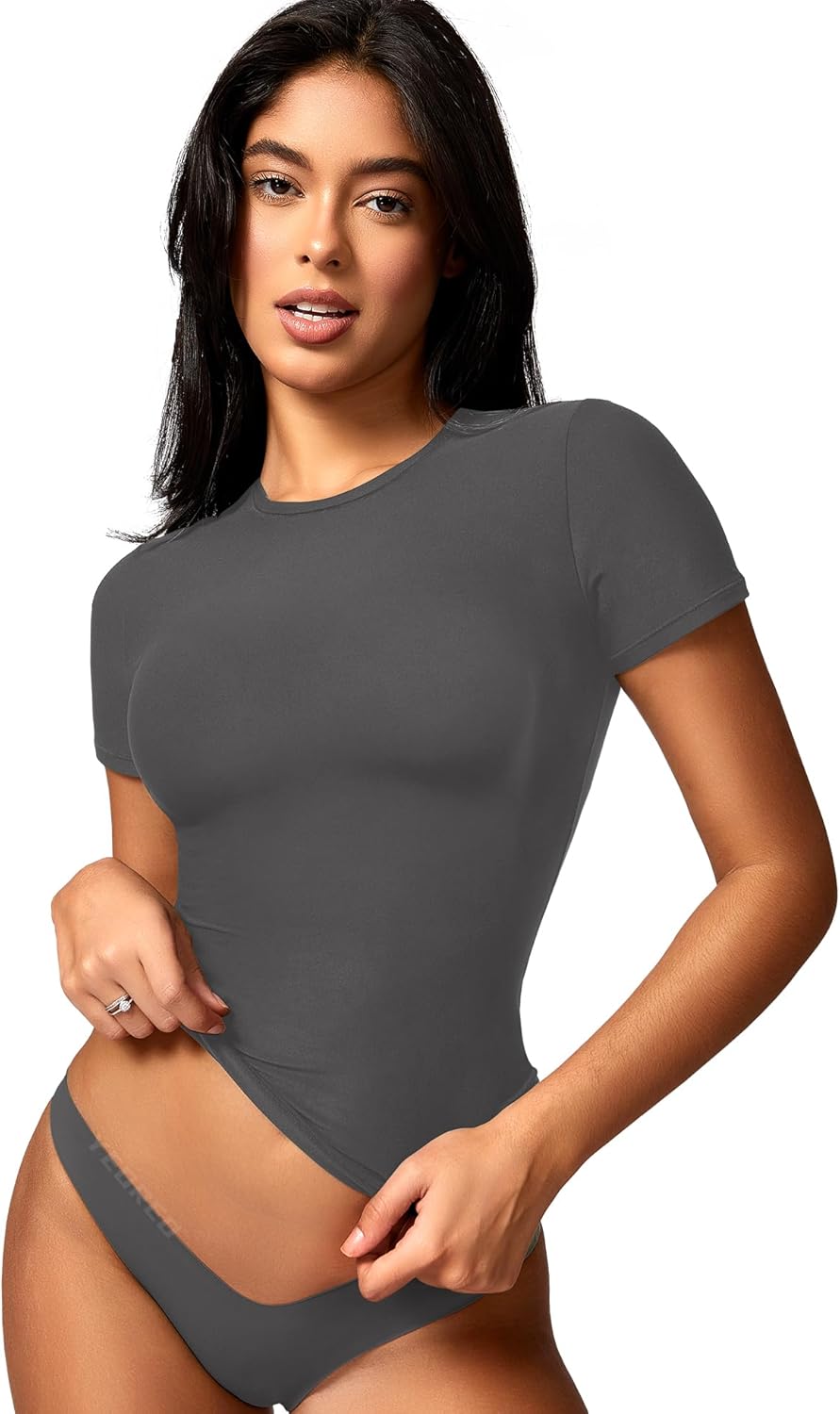 YEOREO Women Fitted Workout Tops Short Sleeve Double Lined Basic Y2K Going Out Crew Neck Compression Crop Top - Image 7