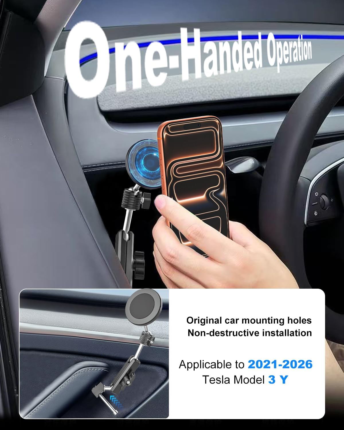 Magnetic Door Phone Holder for Tesla Model Y/3/Juniper/Highland 2021-2026, 【OEM-Style & Strong Magnet】 All-Metal Tesla Mount for iPhone 17/16/15/14/13/12, Tesla Accessories You Need in 2026