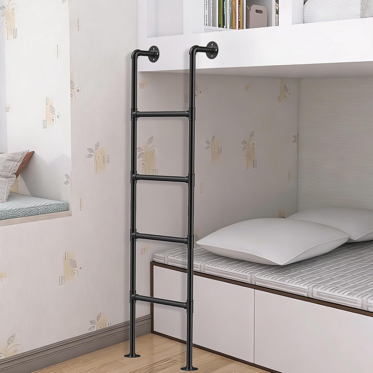 Industrial Black Metal Ladder Bunk Bed Ladder 4ft 5ft 6ft 7ft 8ft 9ft - Wall Mounted Straight Ladder for Attic, Dorm, Library, RV Bunk Bed, Customizable Size(1.5m/5ft/59in)