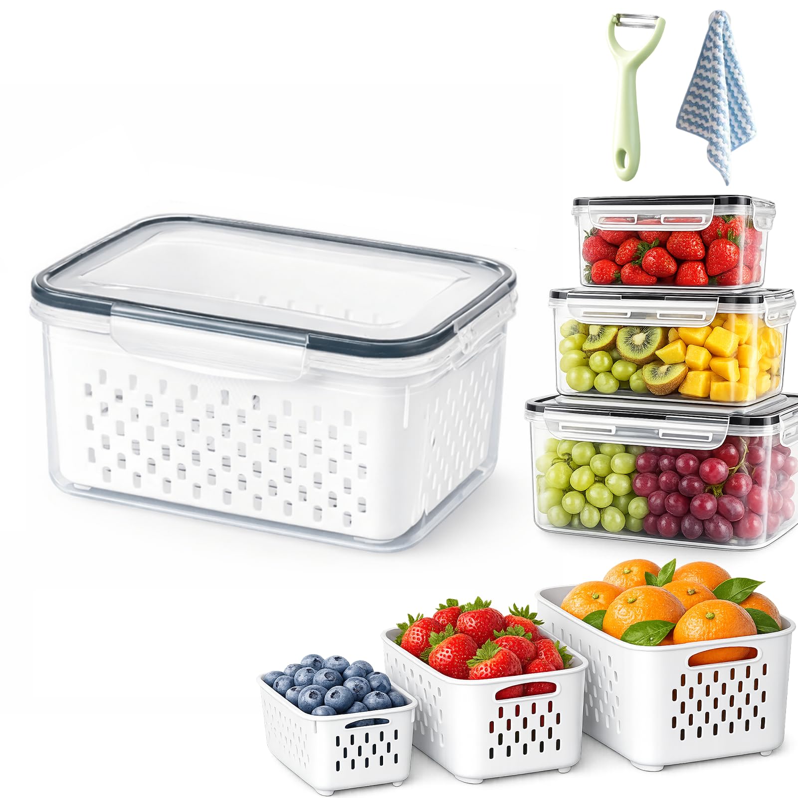 4-in-1 Produce Storage Containers, 3-Pack Set Fruit Storage Containers for Fridge with Removable Colander & Airtight Lids, Leak Proof Drain Basket for Fresh Vegetable Organization (Gray,Mini)