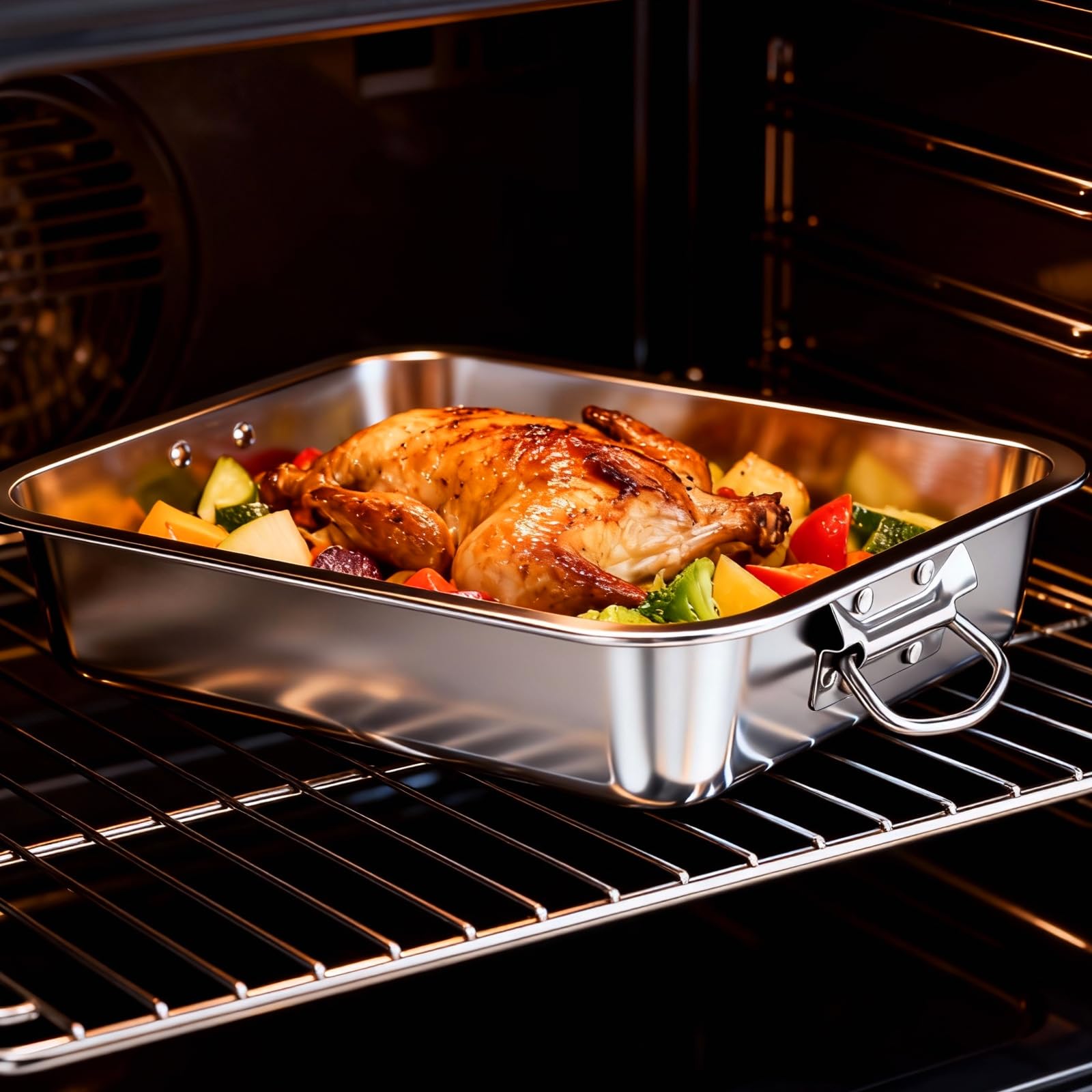 2 bandejas grandes para hornear, de acero inoxidable con asa, 40 cm, bandeja de horno extragrande para carnes grandes, verduras