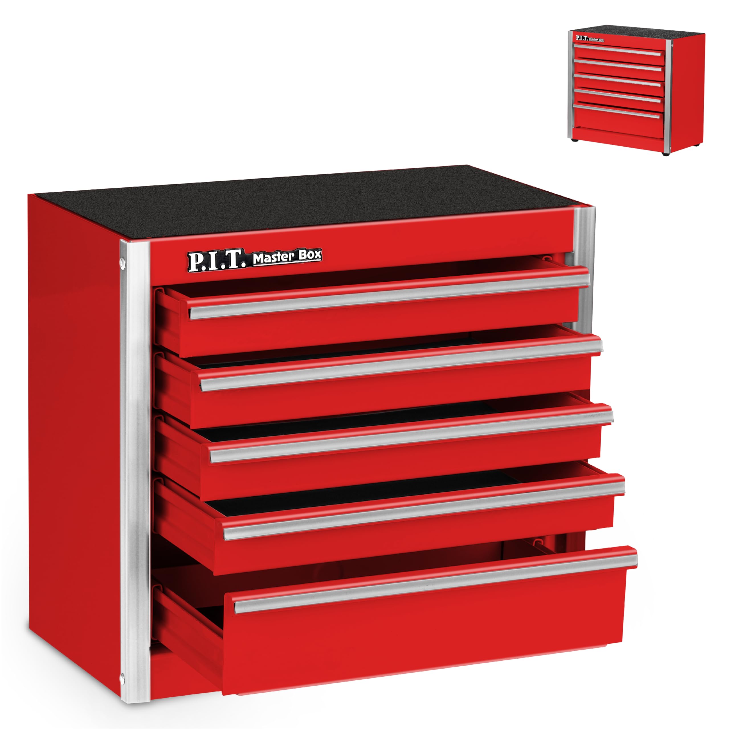P.I.T. Mini Red Tool Box, Portable 5-Drawer Micro Roll Cab Steel Tool Box with Liner, Red Small Tool Case for Tools Storage, Home DIY