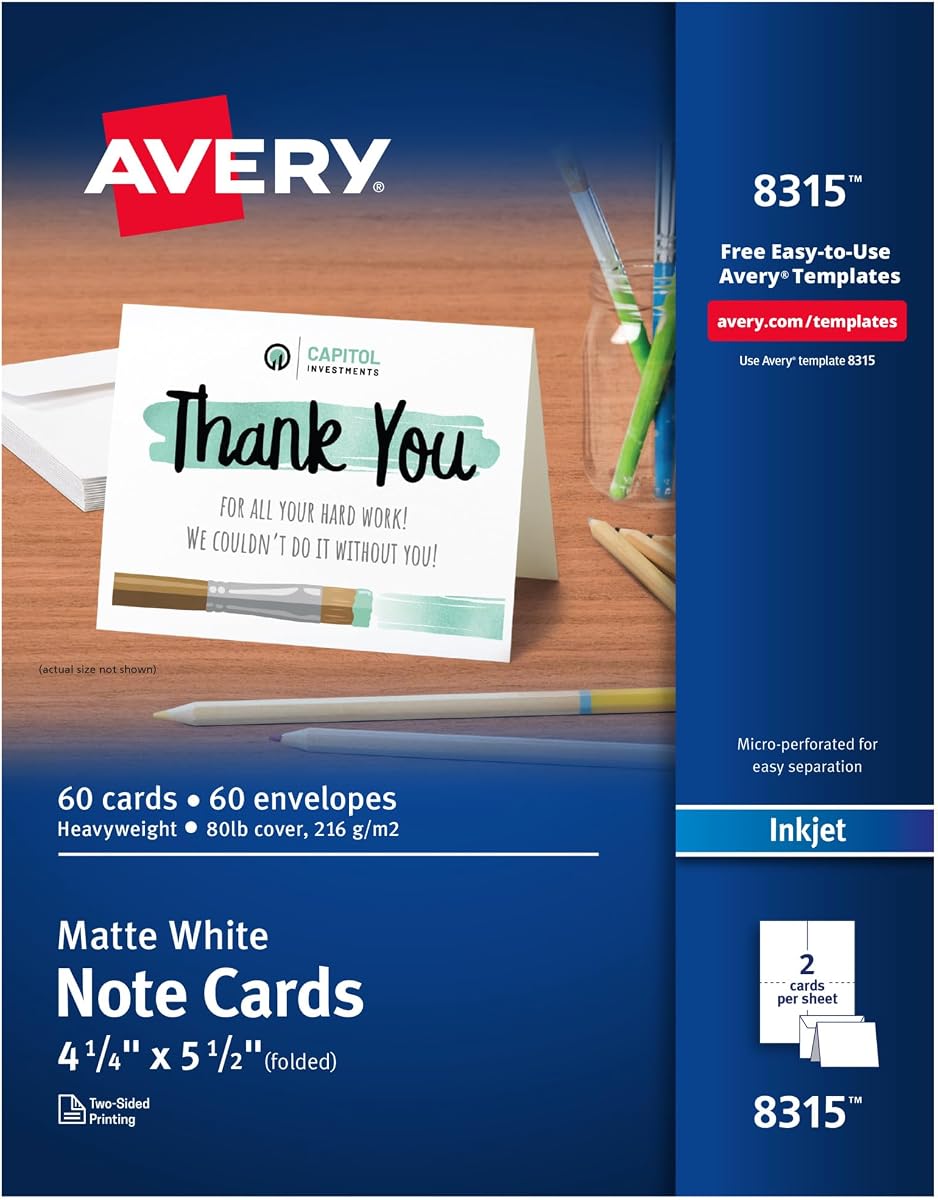 Avery® Printable Note Cards with Envelopes, 4.25" x 5.5", Matte White, Inkjet Printer Compatible, 60 Blank Cards Total, Great for Product Branding, Marketing, and More (8315)
