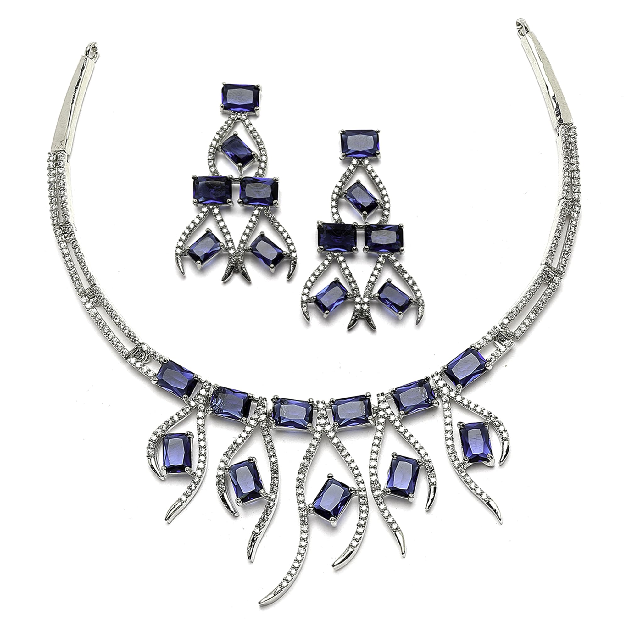 ZENEME Rhodium-Plated American Diamond Studded Contemporary Necklace With Earrings Jewellery Set For Girls and Women (Navy Blue) (B0CGQ25CTR) Amazon Price History, Amazon Price Tracker