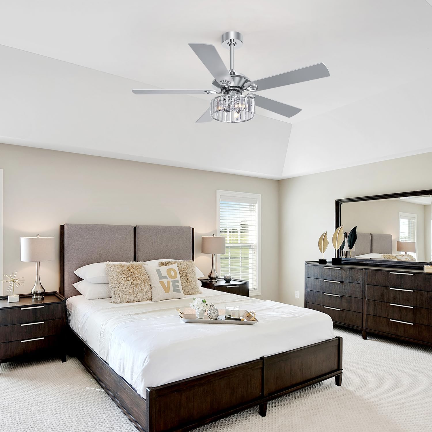 ZYD 52" Ceiling Fan with Light, Farmhouse Ceiling Fans with Lights and Remote, Industrial Chandelier Fan with Downrod, Ceiling Fans with Crystal Light, Crystal Ceiling Fan for Bedroom, Living Room