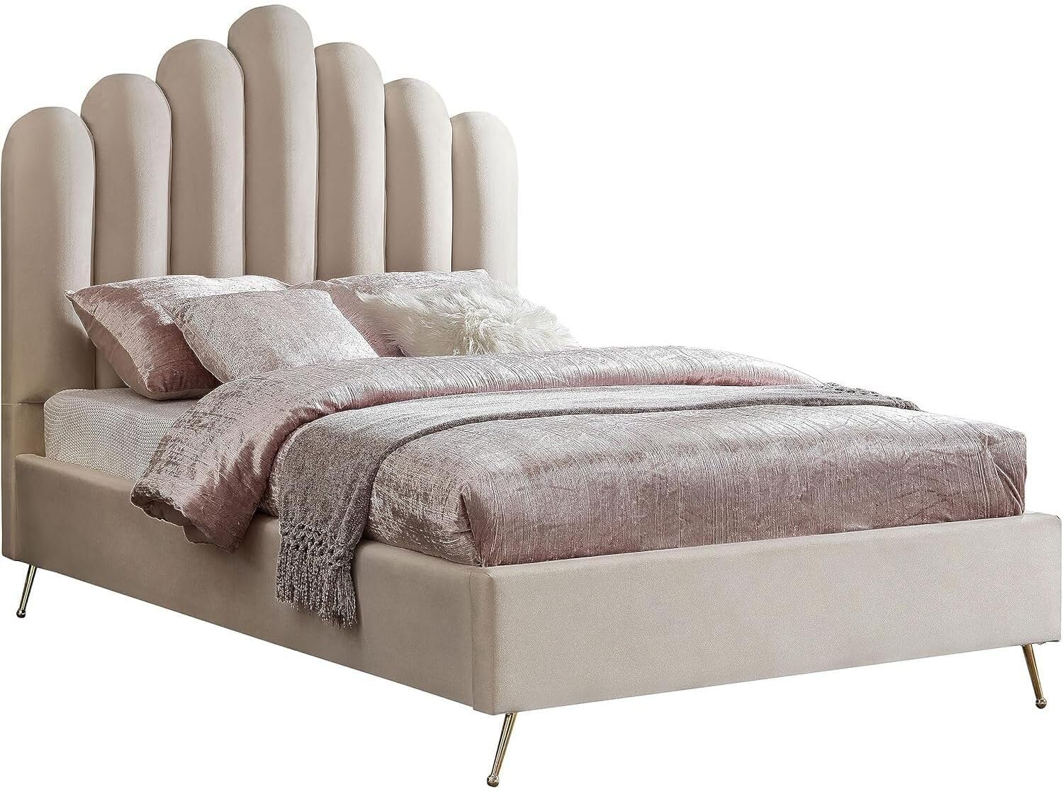 HomeStock Velvet Platform Bed with Tufted Headboard & Gold Steel Legs - Bedroom Furniture Full/Cream
