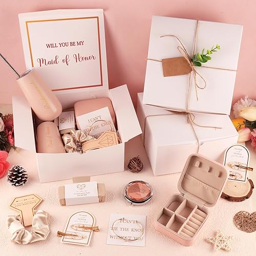 Miniatura 3 de 53Pcs Bridesmaid Proposal Box Set of 4 Wedding Gifts for Maid of Honor Jewelry Box Set,Scrunchies Hair Claw Clip Knotted Bracelets,Maid of Honor