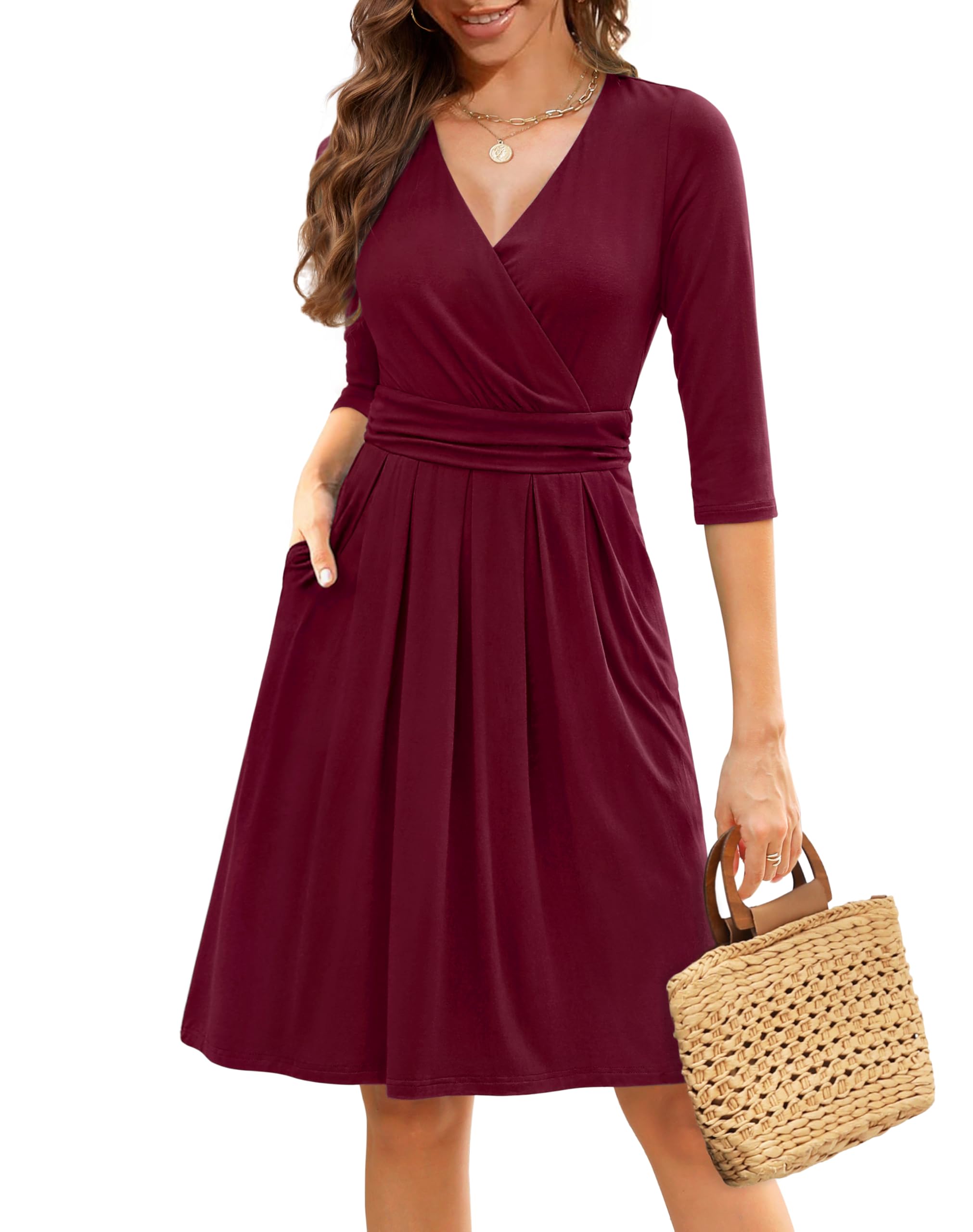Zattcas Womens 2025 Wrap V Neck 3 4 Sleeve Cocktail Dress Pleated A Line Fit and Flare Wedding