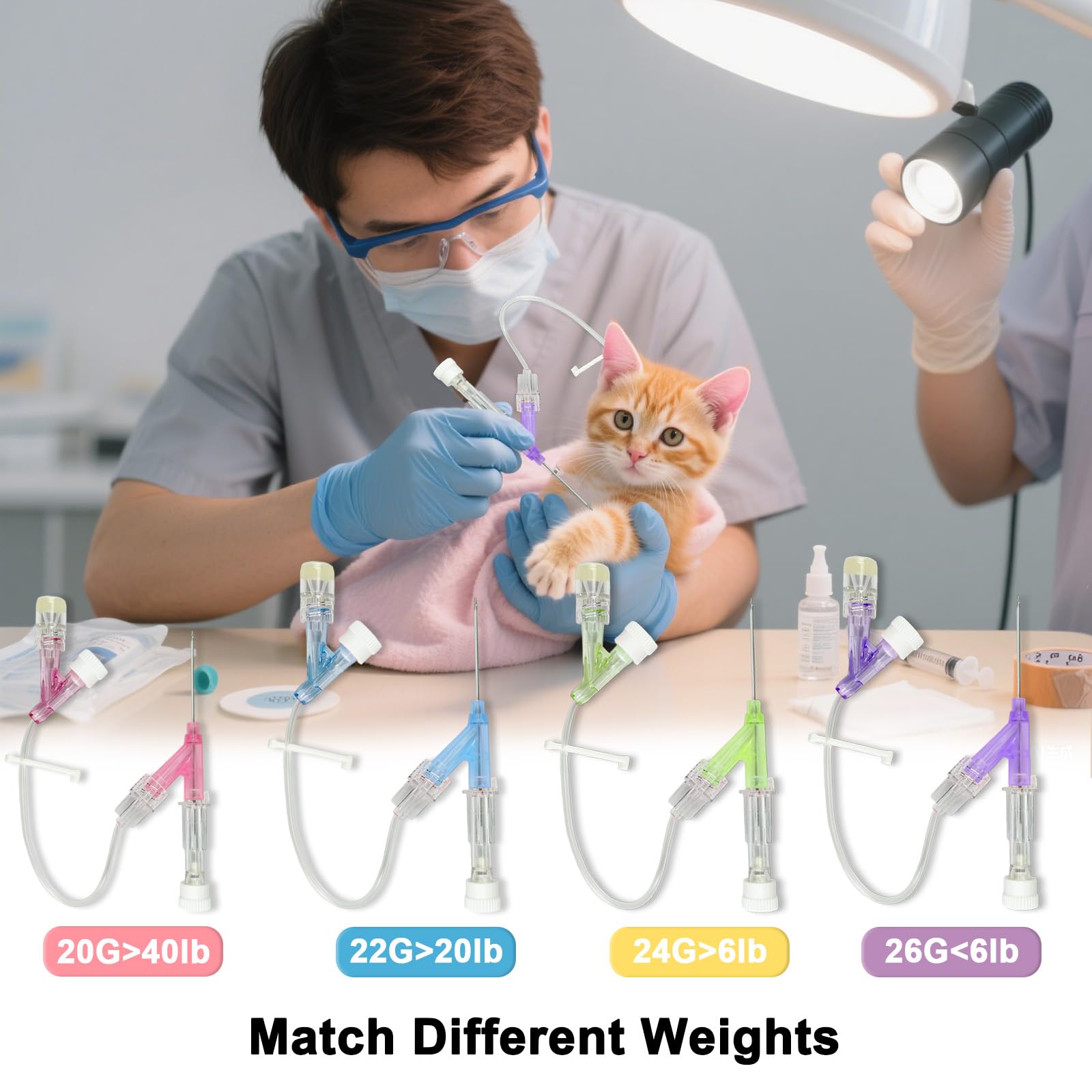 100 unidades de agujas veterinarias permanentes con tubo de extensión y pinza, catéter intravenoso veterinario, catéteres intravenosos veterinarios desechables, para animales de todos los tamaños.