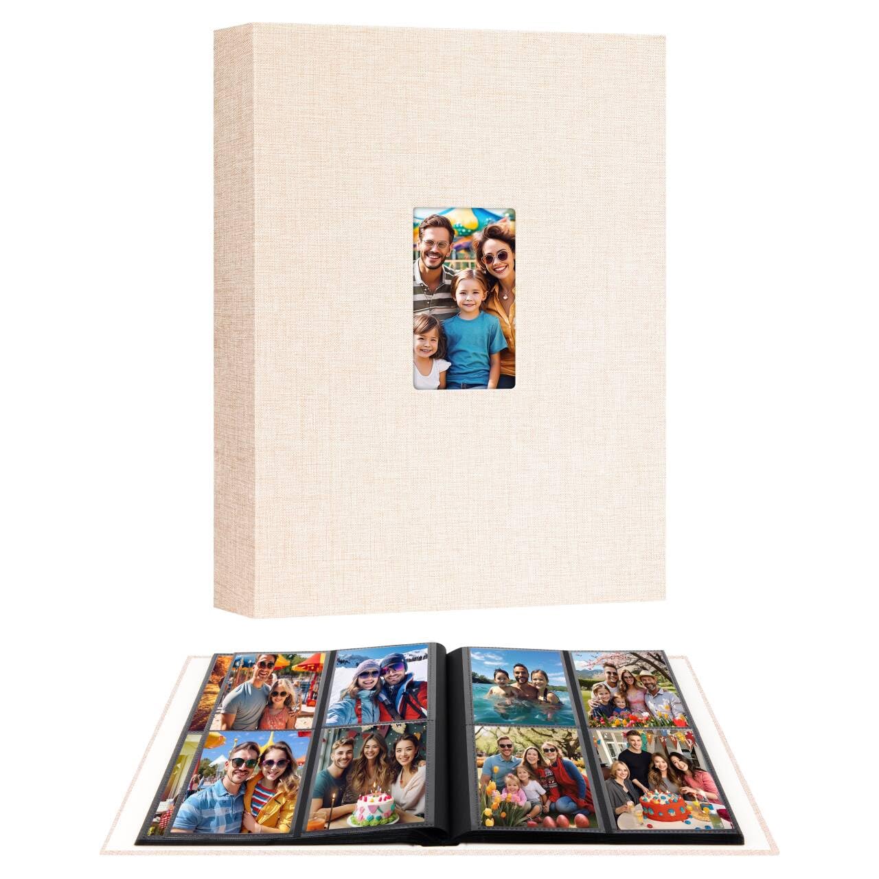 Album photo de 8,9 x 12,7 cm, pour 256 photos, couverture en lin de 7,9 x 12,7 cm avec fenêtre à l'avant, album photo de 7,6 x 12,7 cm pour photos de mariage, famille, anniversaire, cartes (beige)