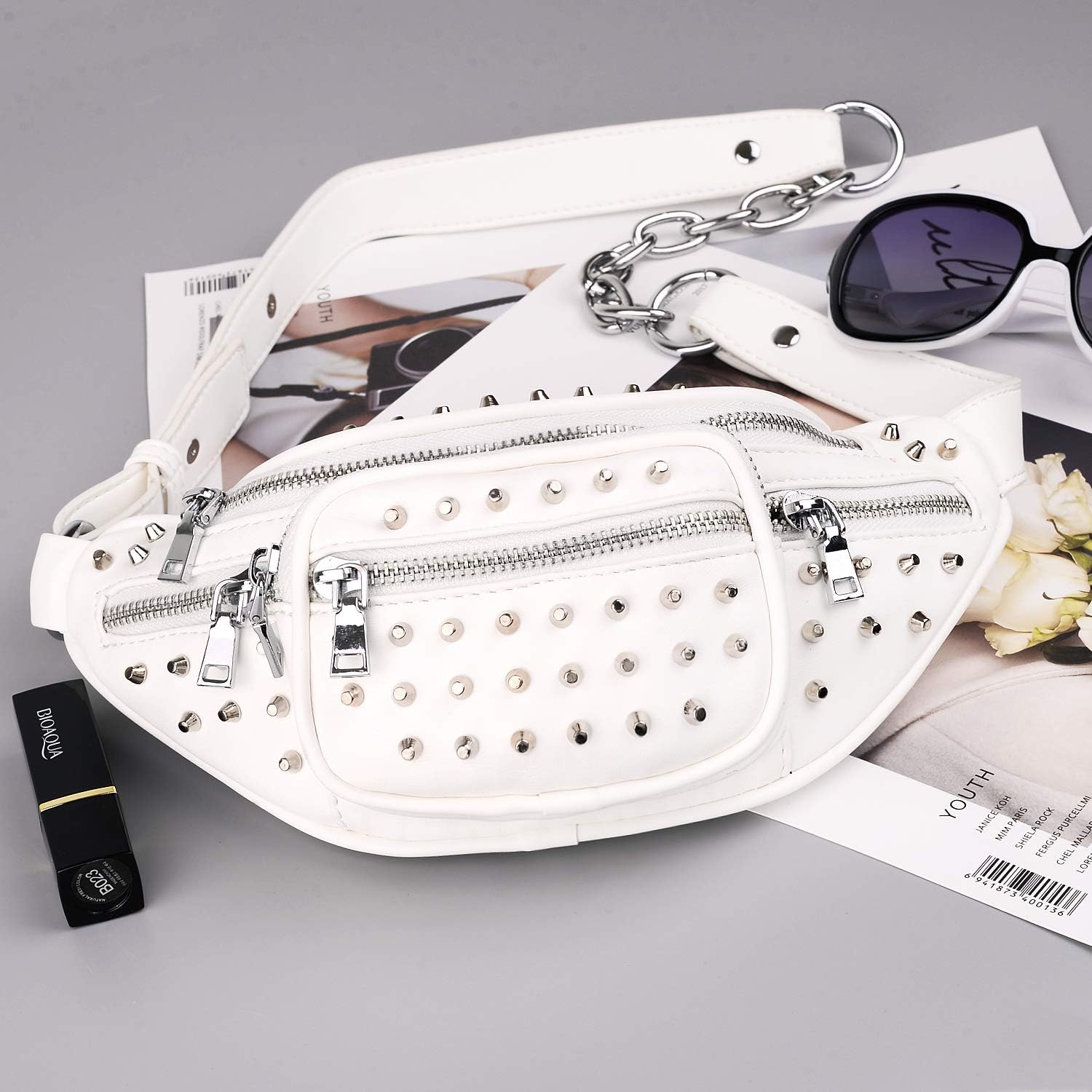 Fanny-Pack-for-Women-Leather Vegan UTO Waist Bag Rivet Studded Lightweight Zipper Pocket Shoulder Purse - Image 4