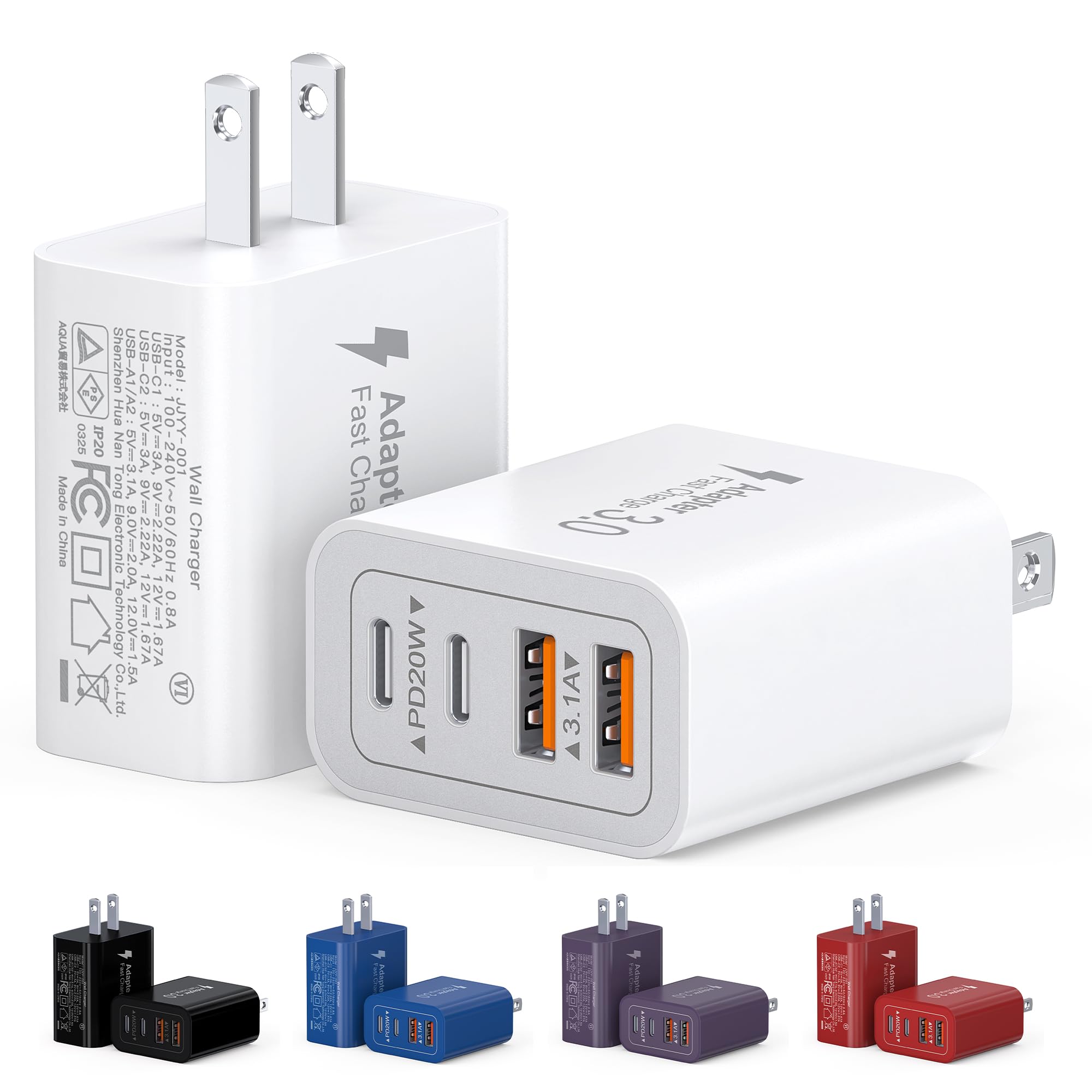 40W USB C Charger Block 2-Pack 4-Port Type C Fast Charging Brick Dual PD QC Wall Plug Adapter