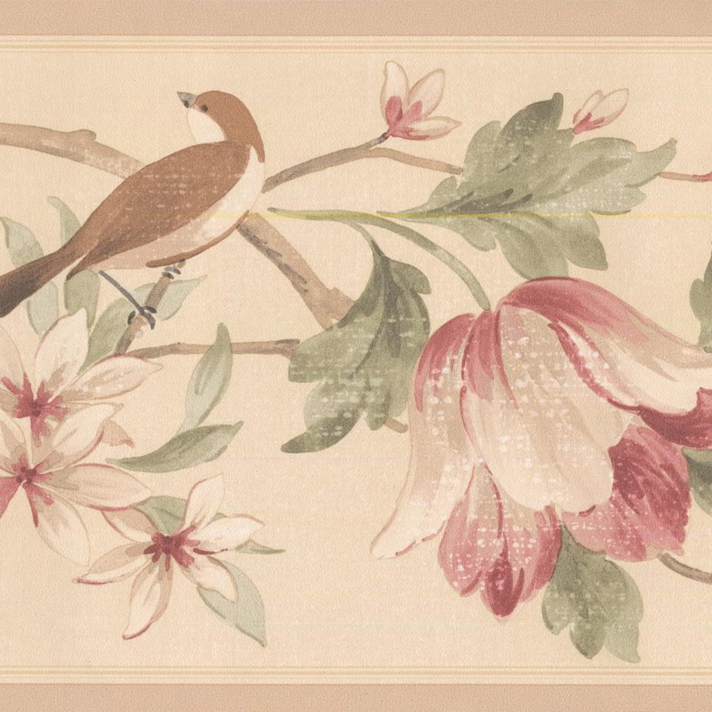 CONCORD WALLCOVERINGS ™ Birds & Blooms Floral Wallpaper Border, 7" x 15' Cottage Farmhouse Style for Bedrooms, Prepasted Washable Vinyl, Cream Pink Green Birds, Easy DIY #HM79331N
