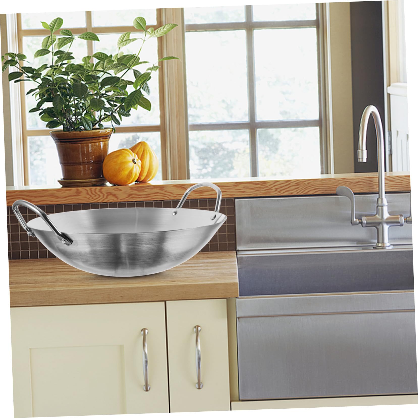 Garneck Wok y Diseño Práctico Doble Asa de Acero Inoxidable Borde Liso Adecuado para Freír Carne y Verduras Hogar
