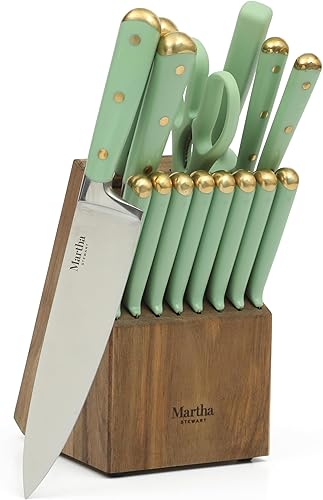 Miniatura 1 de Martha Stewart Lockton - Juego de 16 cuchillos de cocina de acero inoxidable de alto carbono con mango forjado remachado ABS Tripe bloque de madera