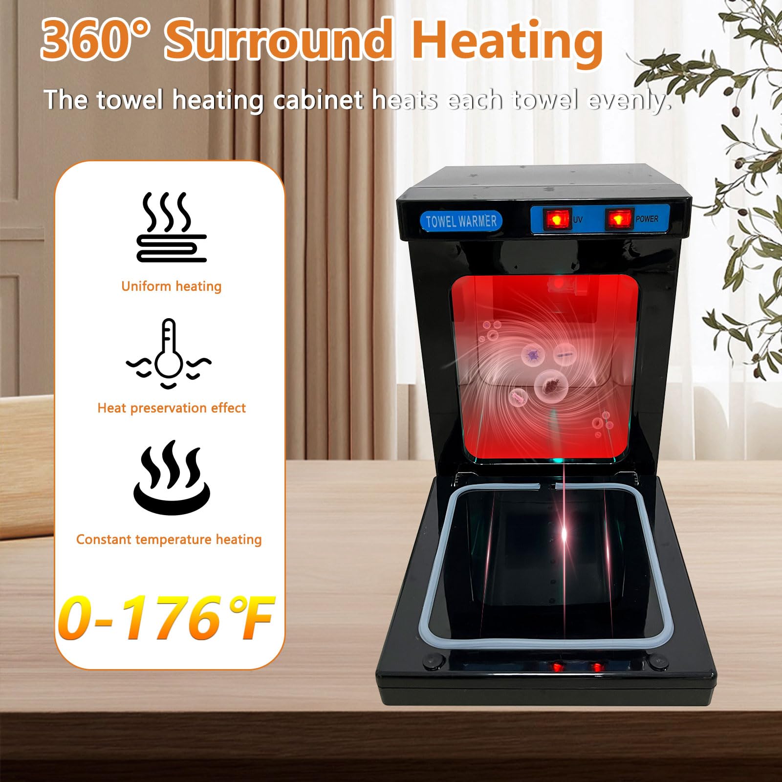Calentador de toallas eléctrico, 5 L, radiador eléctrico con esterilizador UV de 360 ° para 8 – 12 toallitas, secador de toallas eléctrico de 176 °F para peluquería, salón, baño, belleza