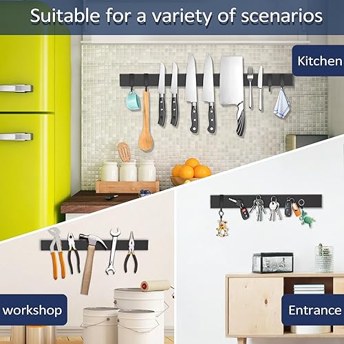Miniatura 4 de Dmore Soporte magnético para cuchillos para pared, con 4 ganchos, tira magnética negra de 23 pulgadas para cuchillos sin perforación, potente