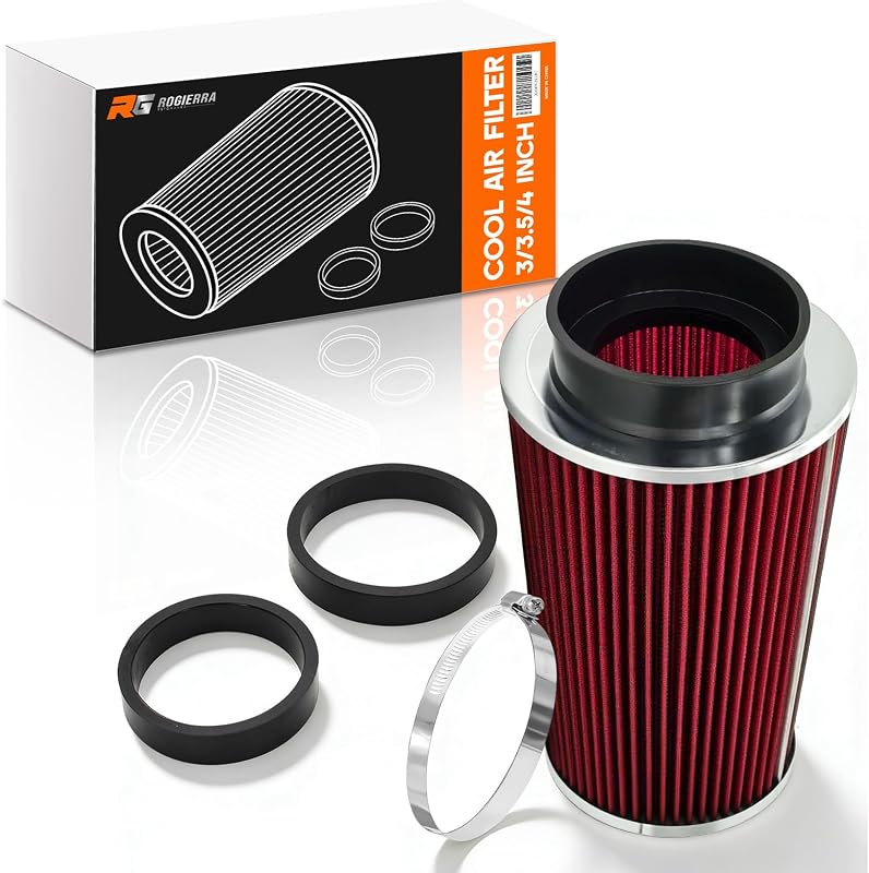 Filtro de ar cônico Rogierra lavável e reutilizável com abraçadeiras de 76 mm, 89 mm e 100 mm – Vermelho