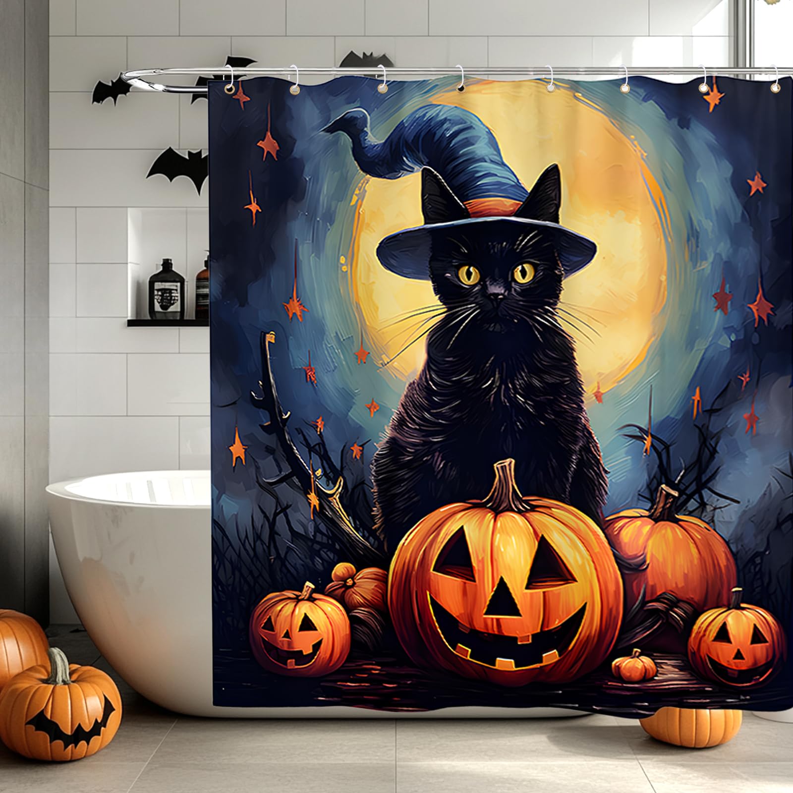 Shyllin Cortina de Ducha de Halloween con Diseño de Hombre Esqueleto y Calabaza Fantasma, Cortina de Baño Halloween con 8 Ganchos, Shower Curtains,Cortina Ducha Antimoho,180 x 180 cm (Gato Negro)