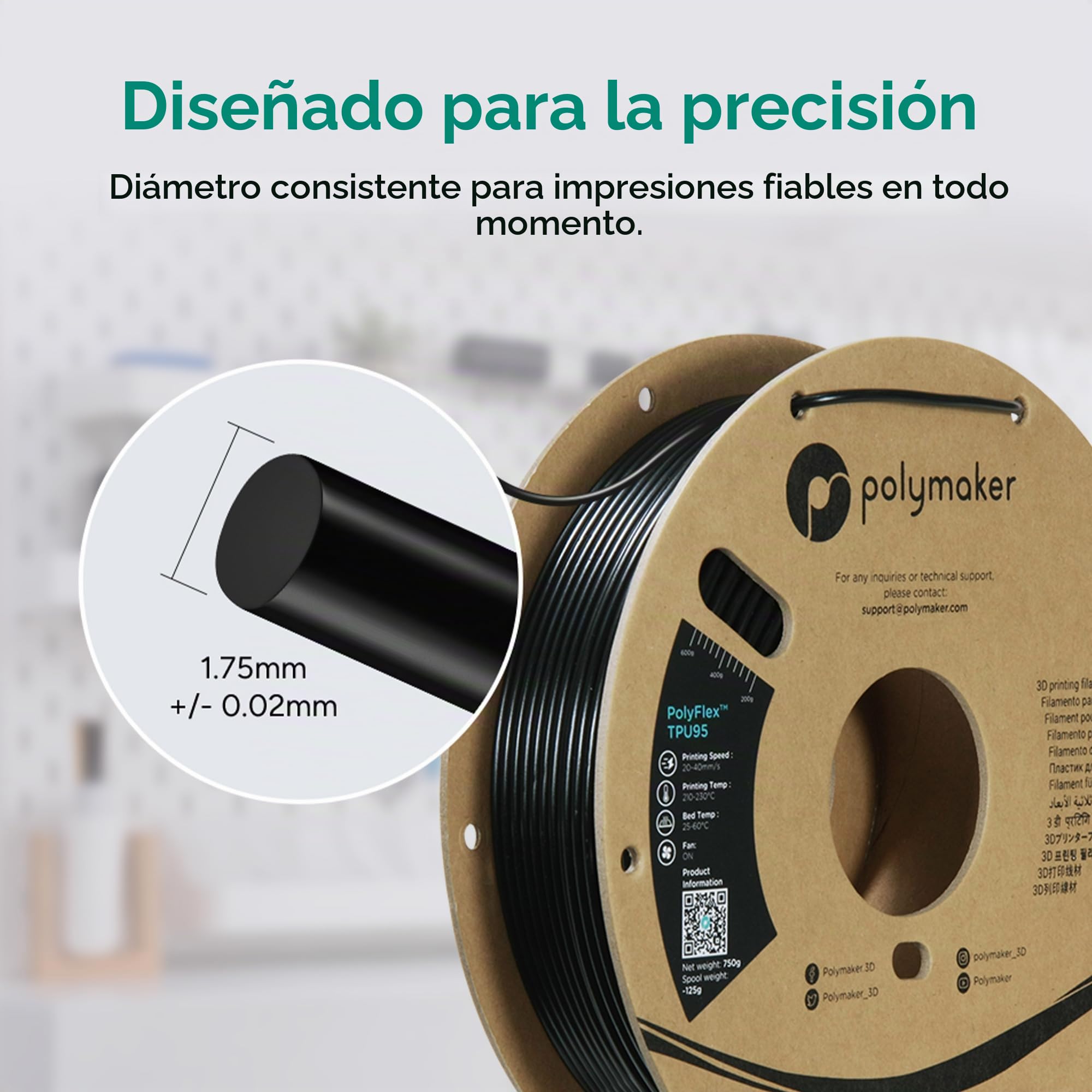 Polymaker PolyFlex TPU-95A Negro - 1,75mm - 750g