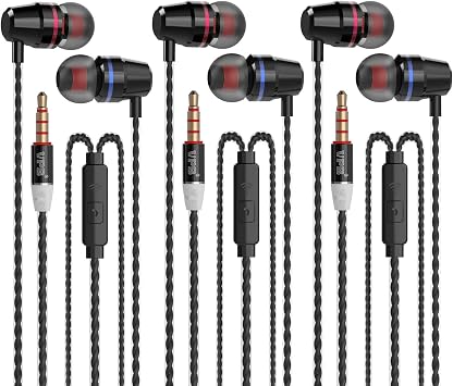VPB 3 Packs Metal Wired Earbuds with Microphone, Durable in-Ear Earphones for School, Deep Bass Clear Sound, Noise Isolating, Fits 3.5mm Jack iPhone iPad Samsung Google Devices Black