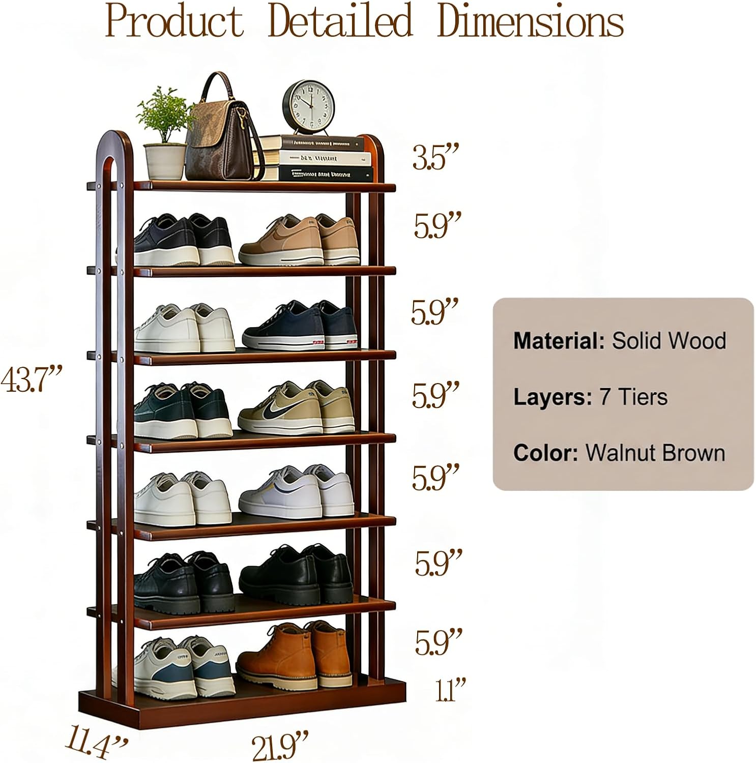 7-Tier Shoe Rack, 14 Pairs of Shoes, Made of Solid Wood, Tall Shoe Shelf with Removable Shelves, Suitable for Corners, Entryways, Wardrobes, and Doorways, (Walnut)