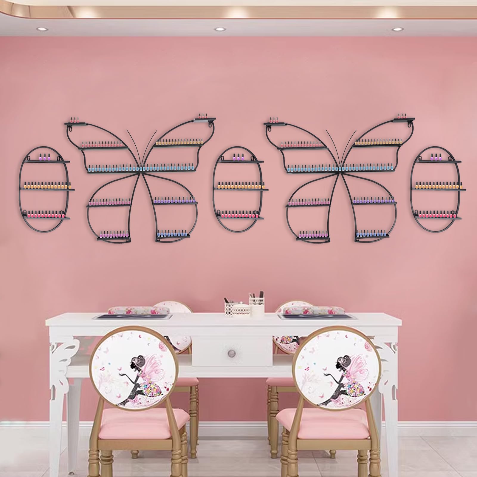 banborba 5 Tiers Metal Wall-Mounted Nail Polish Display Racks, 5PCS Cosmetic Storage Organizer, Modern Butterfly Nail Polish Organizer, Essential Oil and Perfume Combo Rack for Home Spa Nail Salon