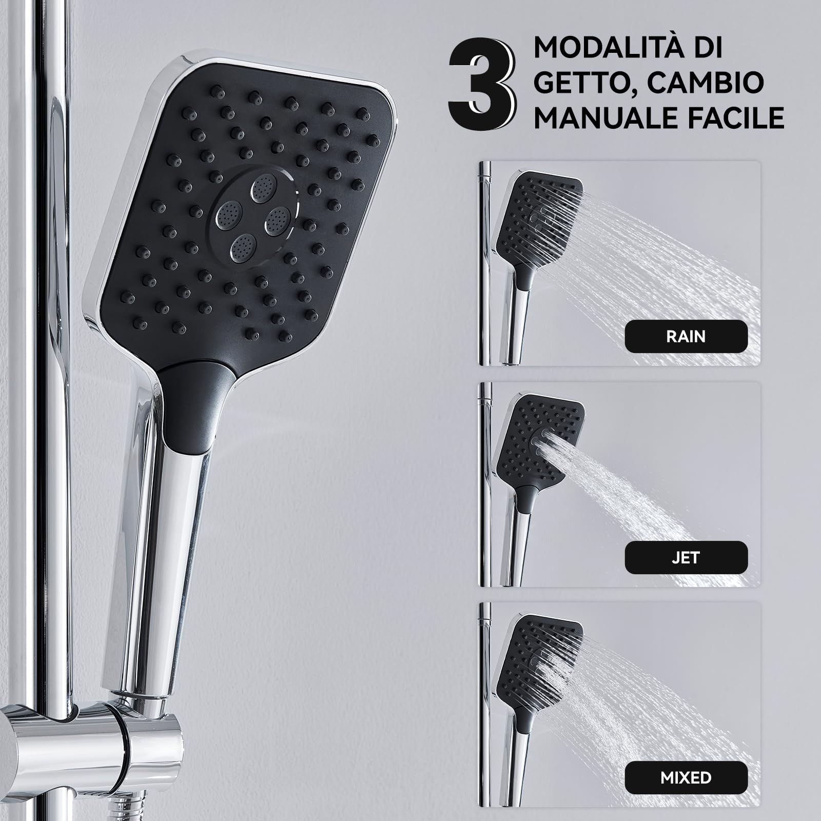 Auralum Colonna Doccia con Miscelatore Termostatico, Miscelatore Doccia Esterno, Saliscendi Doccia con Soffione Doccia 30*19cm e Doccetta 3 Getti, Saliscendi Doccia Altezza Regolabile 90-125cm, Cromo