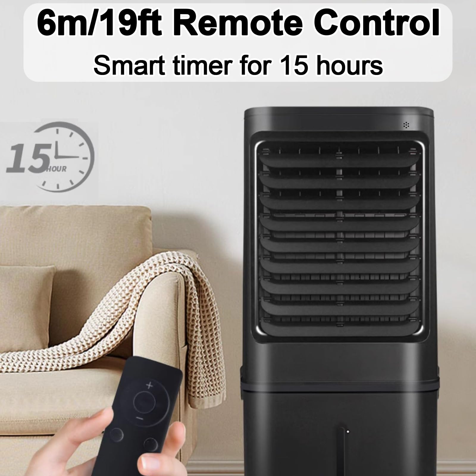 Raffrescatore Evaporativo Portatile con Serbatoio Dell'acqua da 40 L | Design con Riempimento Dall'alto, Timer da 15 ore, Controllo Touch e Telecomando, Nero, per Camera da Letto e Ufficio