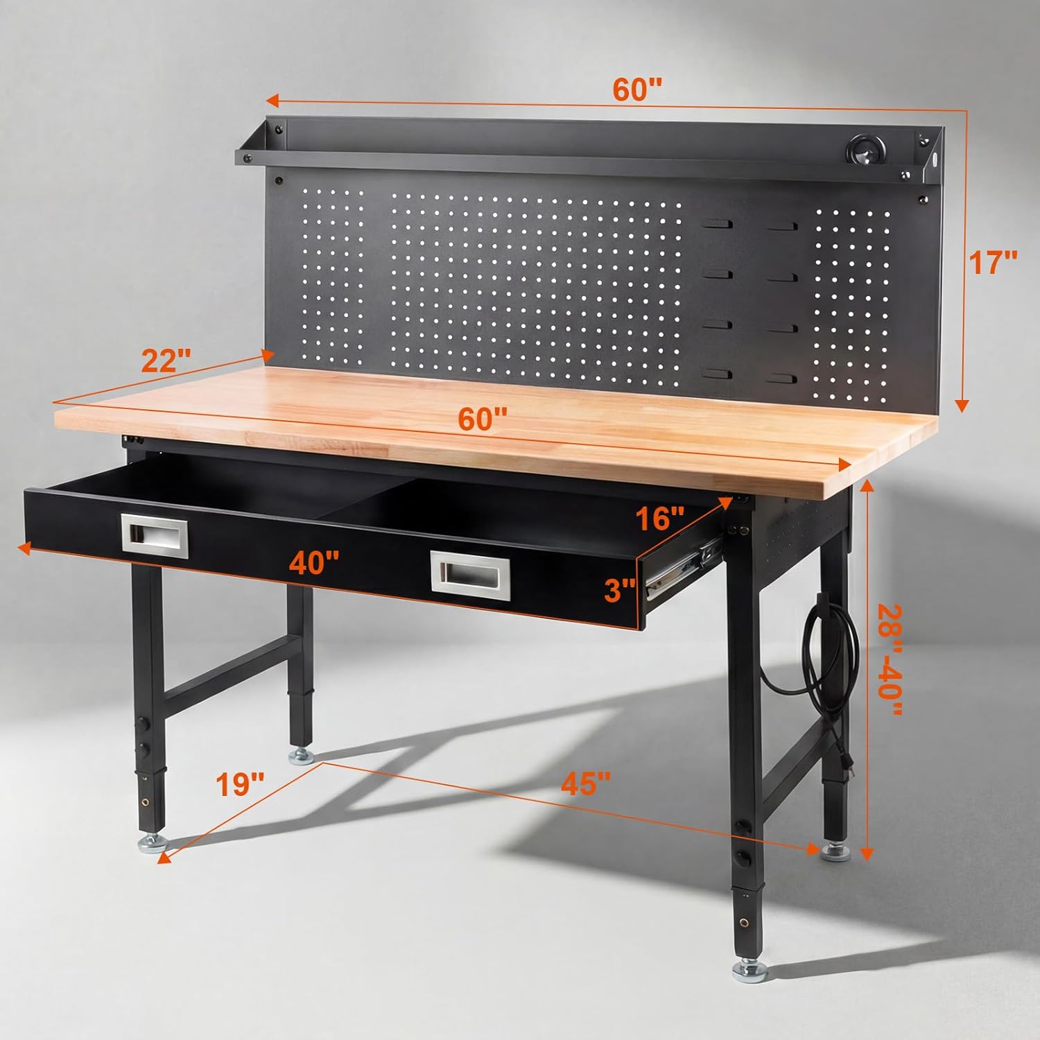 60" Adjustable Work Bench with Drawers, Workbench for Garage with Strip Light, Work Table with Large Pegboard, 2000 LBS Heavy Duty Table with Power Outlet Rubber Wood for Office, Workshop