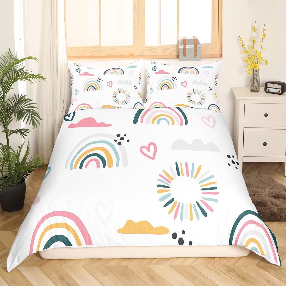 richhome Girls Catoon Rainbow Duvet Cover Pink Love Heart Comforter Cover Set Decor Cute Cloud Bedding Set Kawaii Stripes Polka Dots Theme White Bedroom 2Pcs Cot - Image 4