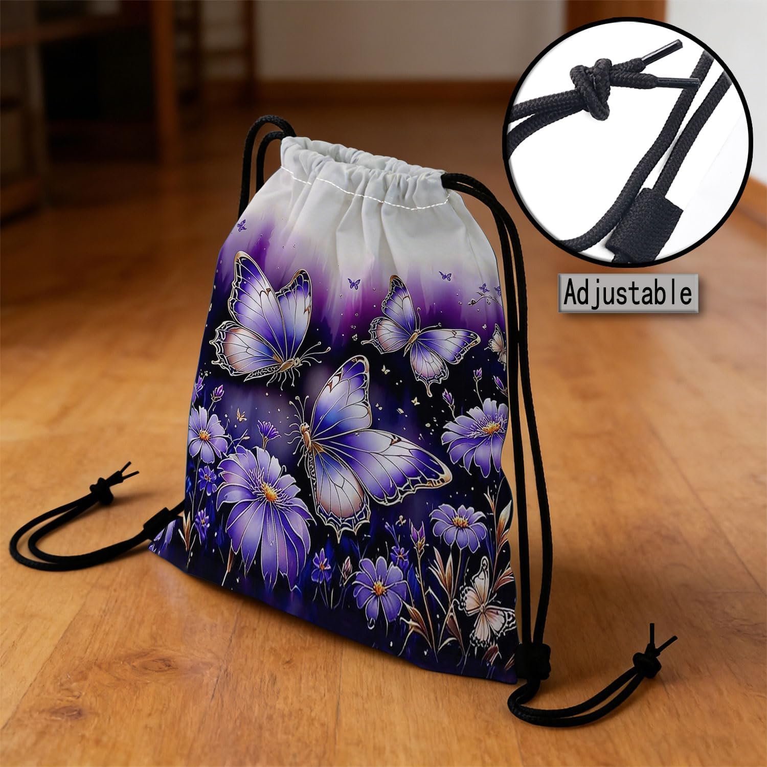 Purple Floral Butterfly Dual-Sided Print Drawstring Bag image 4