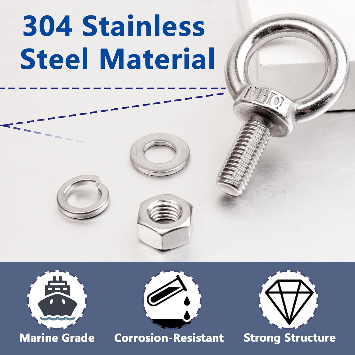 10 Pack M10 x 25mm Threaded Eyebolts with Nuts Washers,Stainless Steel Marine Grade Shoulder Eye Bolt,Eyebolts for DIY, Furniture,Swing, and Outdoor Use (M10 x 25mm)