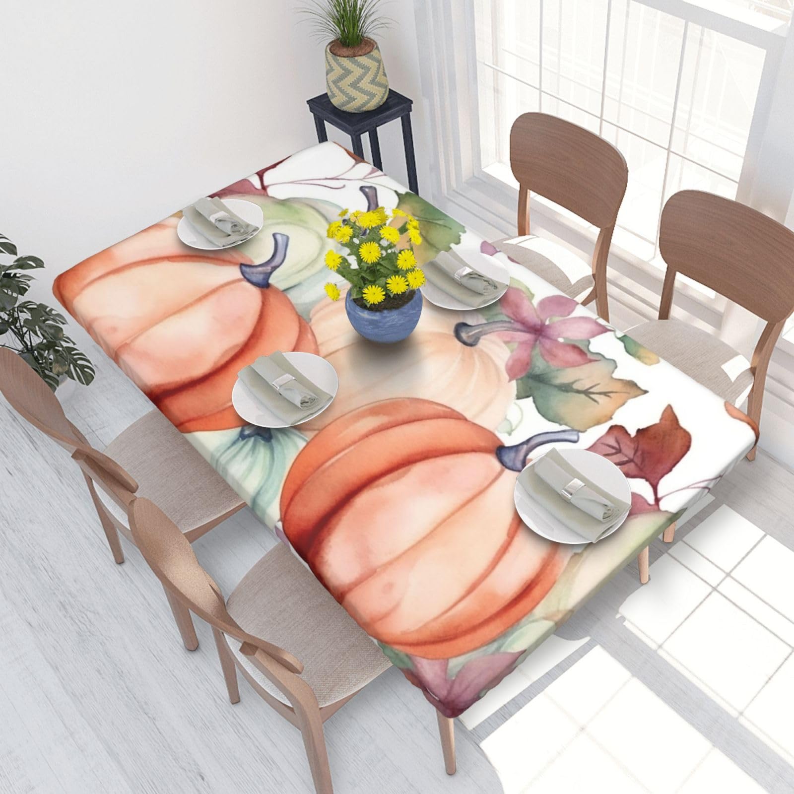 Watercolor Fall Pumpkin Waterproof Square Table Cover Elastic Fitted Tablecloth Oil Proof Table Protector For 4ft Table