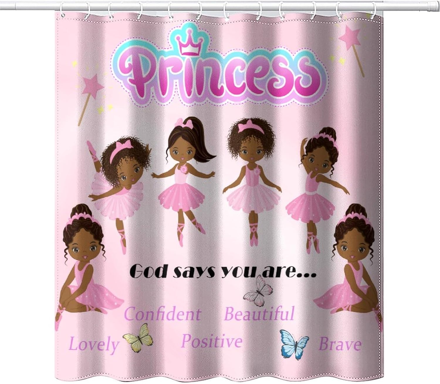 Ballerina Princess Pink Shower Curtain,Cute Cartoon Black Girls Print Shower Curtain for Bathroom Decor Fabric Waterproof Upholstery Hook 66x72 Inches