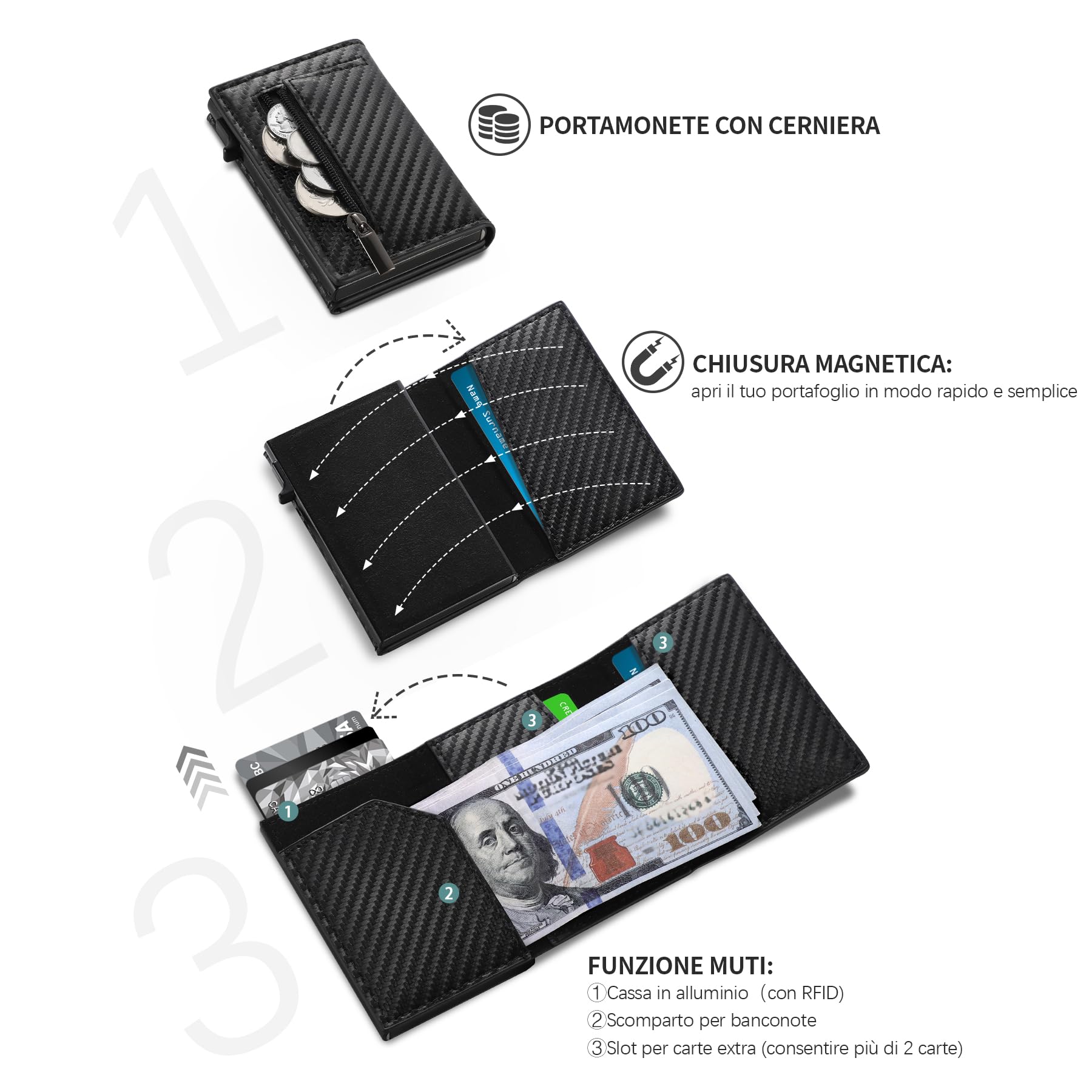 TENBST Portafoglio Uomo, Slim Porta Carte di Credito Uomo con RFID Anticlonazione, Portacarte Uomo Piccolo Magnetico, Porta Tessere con Portamonete e Contanti, Idea Regalo Uomo (Carbon Nero)