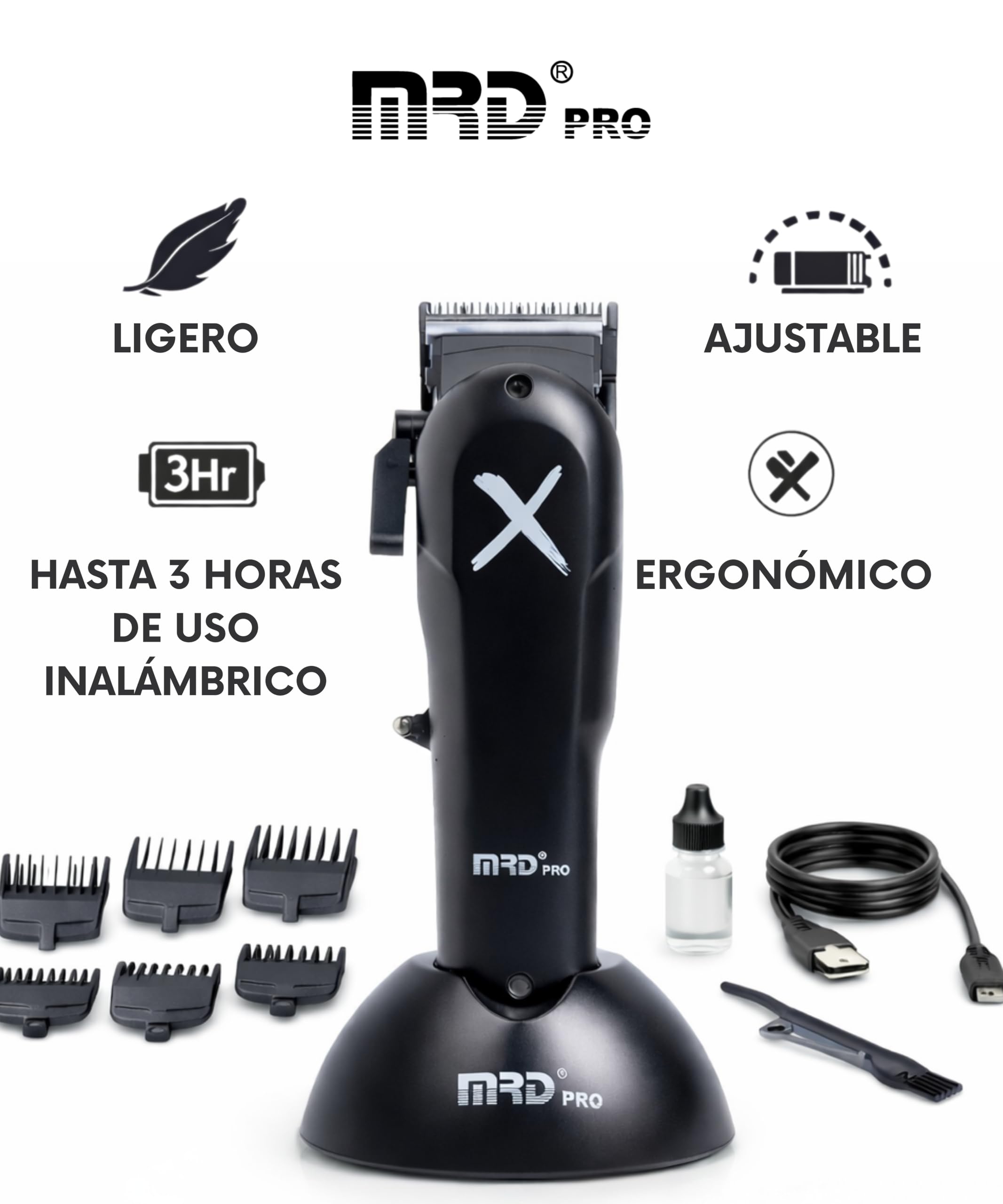 MRD Clipper PRO BUZZ CUTTER – Máquina de cortar pelo hombre profesional con motor Rotativo, cuchilla DLC Faper y bateria de 3350 mAh, cortapelos MRD pro recargable USB-C