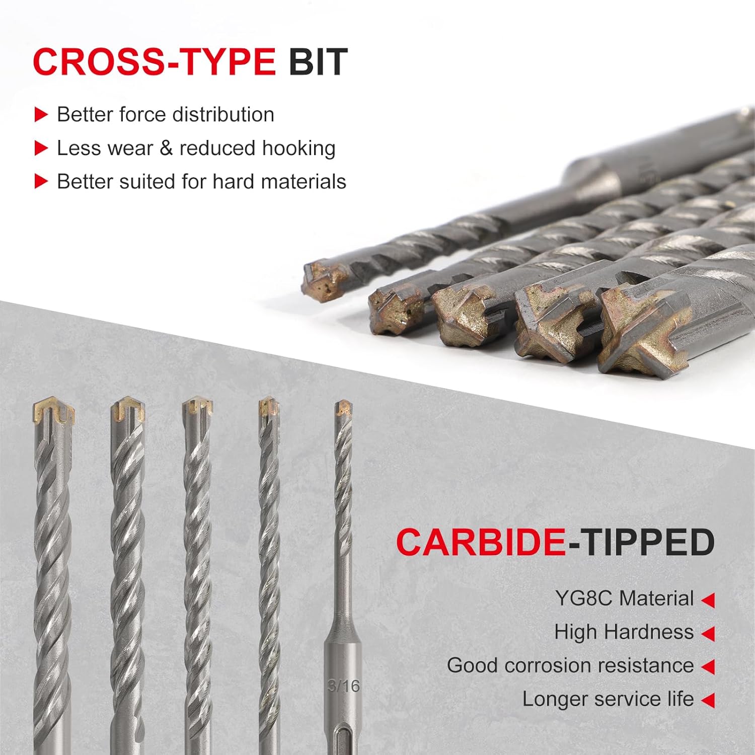 5PCS SDS Plus Rotary Hammer Drill Bits Set, Cross-Type Carbide Tipped Masonry Drill Bits with hex Shank, for Concrete, Brick, Cement Walls, Stone, 6 inch 1/4"-5/16"-3/8"-1/2",4 inch 3/16"