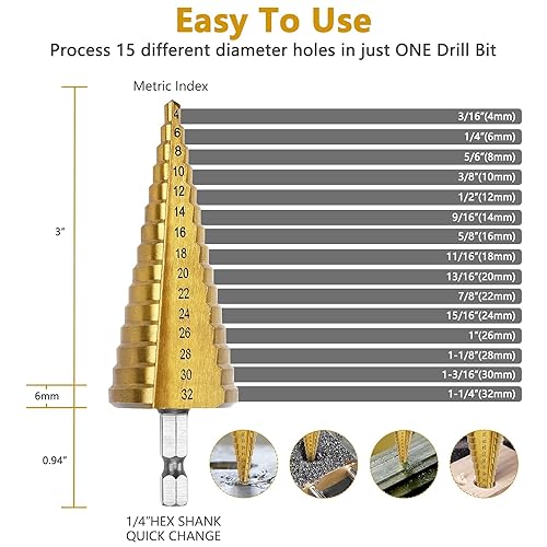 Miniatura 2 de Broca escalonada de 15 tamaños, 0.157 in - 1.260 in (316 a 1-14 pulgadas) con revestimiento de titanio, brocas multipaso para perforación de