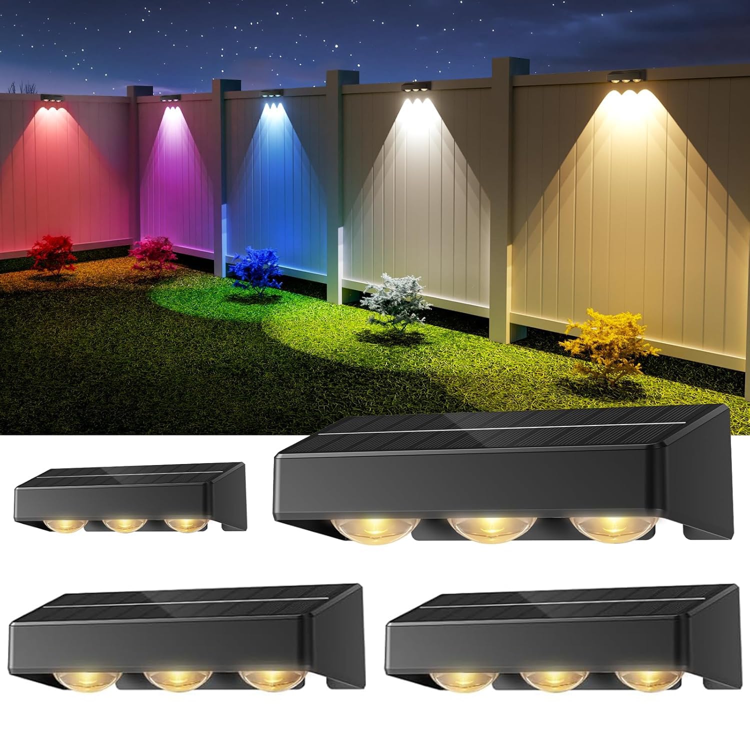 NIORSUN Solar Fence Lights,4 Pack Solars Deck Light,RGB Color,Outdoor Bulb Waterproof Led IP65,Power Patio Lamp with Lenses for Outside/Backyard/Railing/Yard(Black)