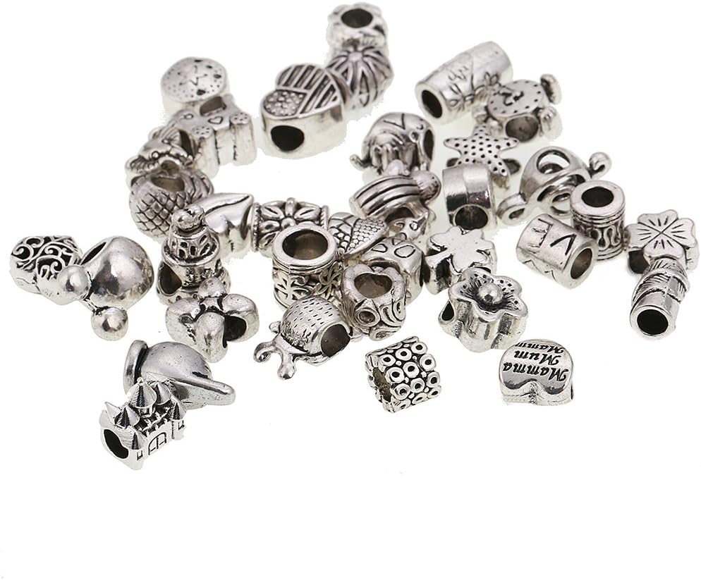 Bundle Monster 40 PC Antique Silver Plated Oxidized Metal Beads Charms Set Mix Lot - Compatible with Pandora Biagi Troll Chamilia Bracelets w/ "BM" Pouch